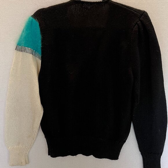 VTG Susann D 1980s Glam Color Block Sweater Medium Black White Blue Rhinestones - Picture 7 of 10